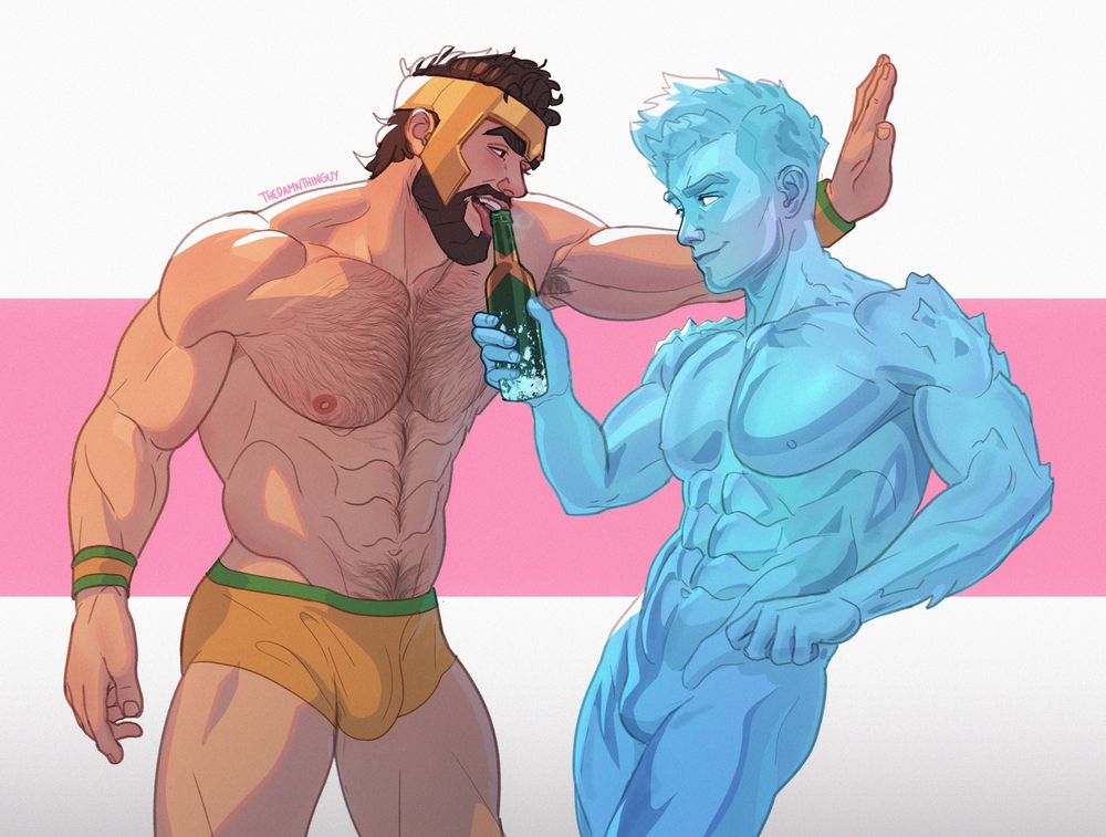 A drawing of Hercules and Iceman, from Marvel. Iceman is holding an ice cold beer, while Hercules leans towards the bottle, giving it a lick.