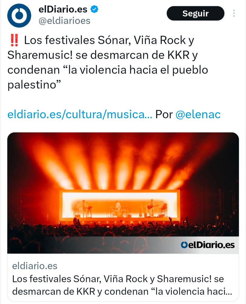 Noticia de eldiario.es: Los festivales Sónar, Viña Rocky Sharemusic! se desmarcan de KKR y condenan "la violencia hacia el pueblo palestino"