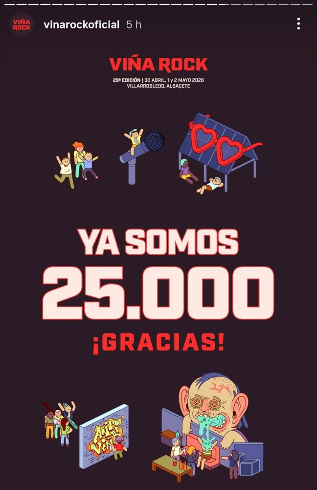 Historia de Instagram de viñarock diciendo "Ya somos 25.000 ¡Gracias!