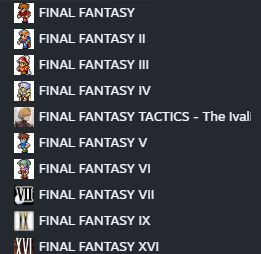 A clip of the Steam Library UI showing installed FInal Fantasy games.  The games are not in alphabetical nor numerical order.