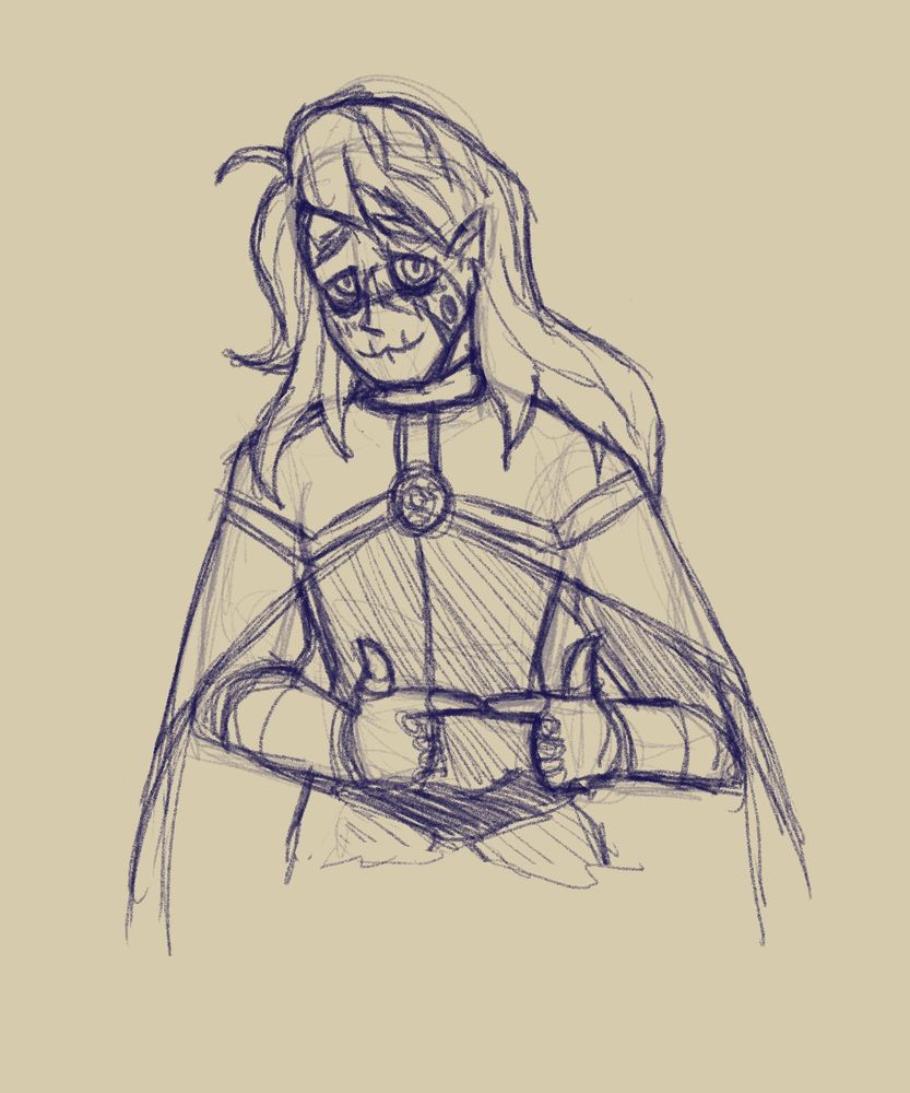 Belos from Owl House holding his to pointer fingers together with a cat face smile. 