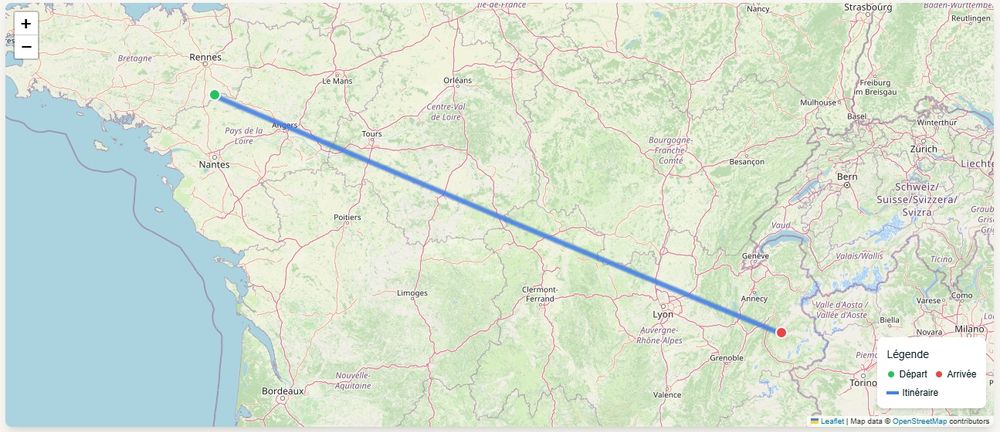 Capture d'écran d'un itinéraire Teillay Moutiers qui montre une ligne bleu totalement droite entre le point de départ et le point d'arrivé.
