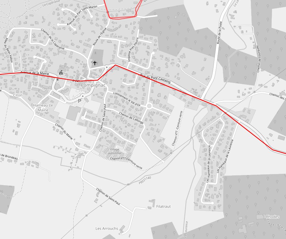 Capture d'une carte OpenStreetMap de la zone où l'on peut voir le sentier au sud-est de Pompignac.