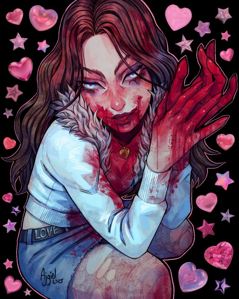 Drawing of Jennifer from the film Jennifer’s Body covered in blood with hearts and stars around 
