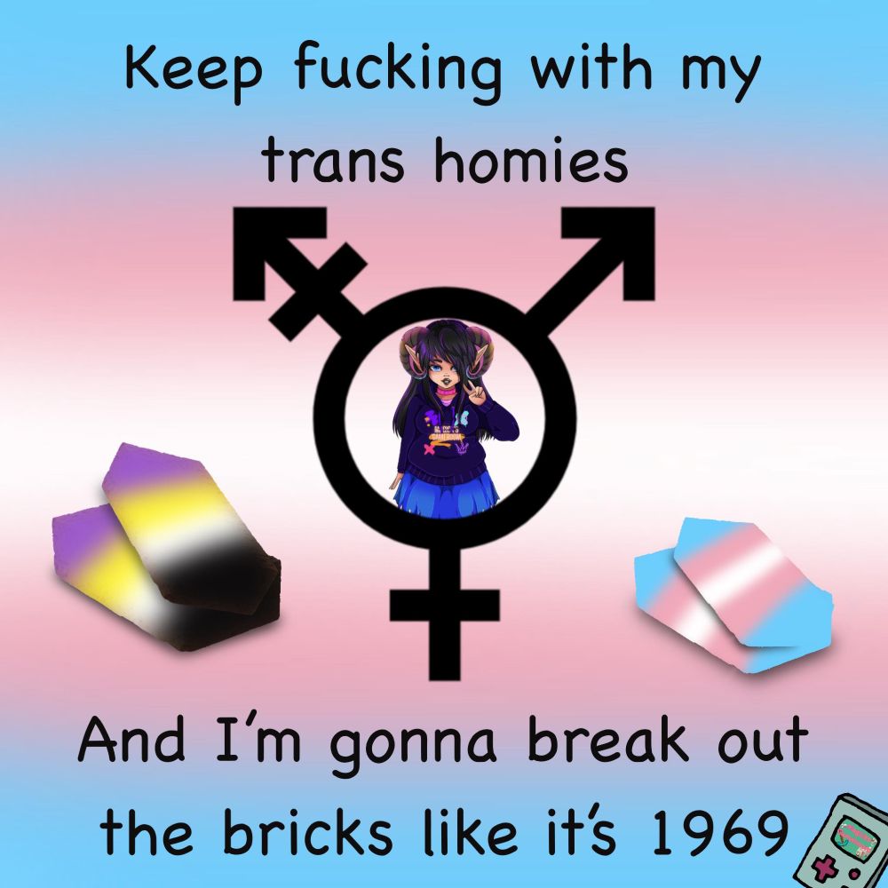 A trans flag background, in the center is the trans symbol with Magick flashing a peace sign wearing a blue skirt and purple hoodie. To the left of the centerpiece is a set of nonbinary pride colored bricks, and to the right is a set of trans pride colored bricks. Text reads: Keep fucking with my trans homies and I'm gonna break out the bricks like it's 1969