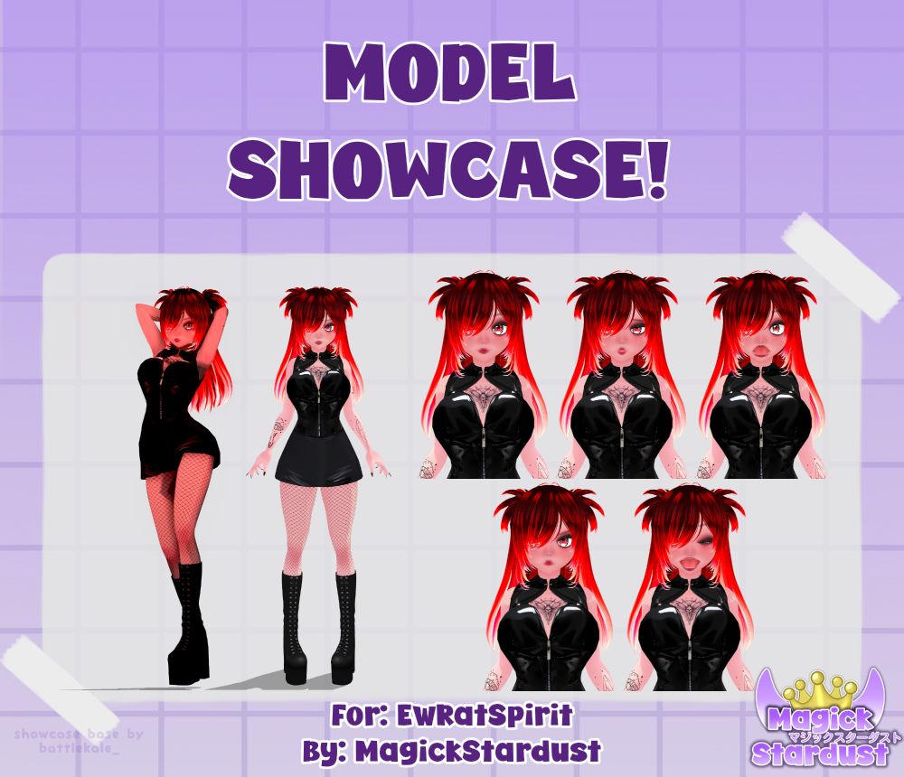 A purple grid background, with a white paper taped to it. Text above reads "Model Showcase!" in purple bold letters. On the paper is 2 full body images and 5 headshots of a VRoid model. The model has red hair with twin short pigtails and long back hair with swoop bangs, and red eyes and lips. They are wearing a black latex dress and knee high platform boots with fishnet tights. 
Text below the model images reads, "For: EwRatSpirit, By: MagickStardust" and Magick's logo is in the bottom right corner. 