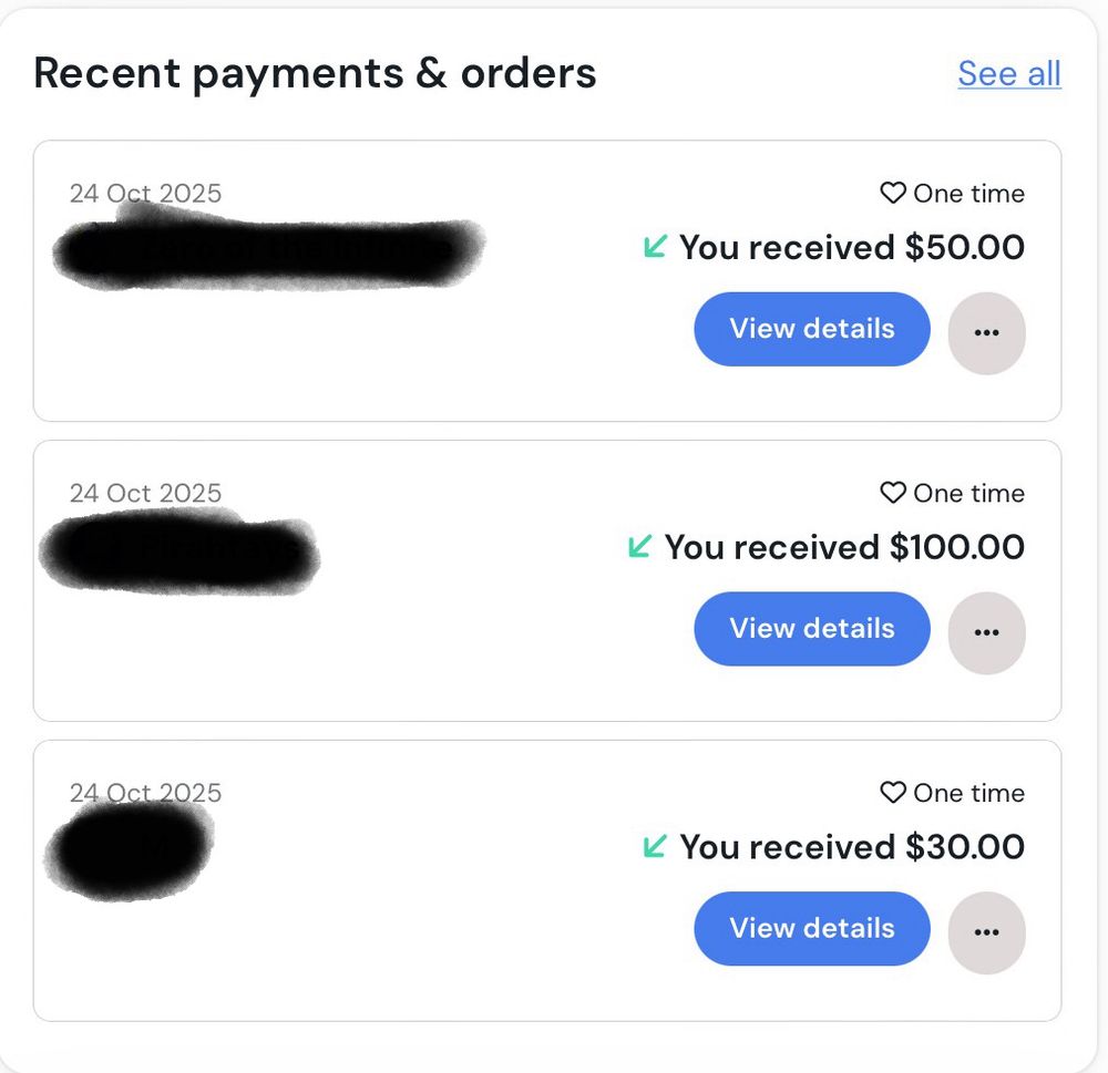 Screenshot from Ko-Fi showing 3 donations today, one for $50, one for $100, and one for $30