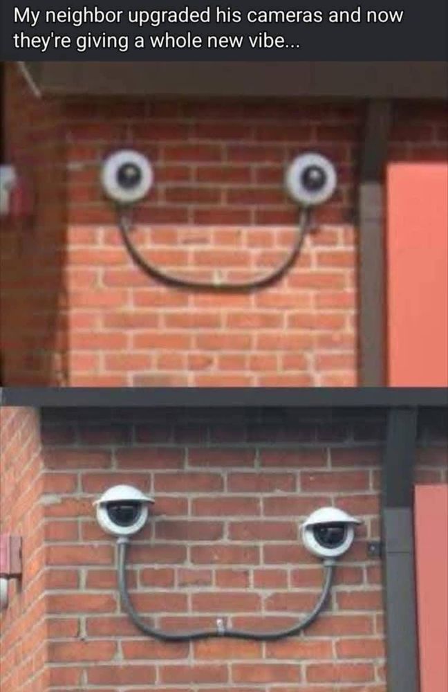 two photos of cameras on the red brick side of the building, on the first picture two cameras look like wide open eyes connected with a cable, on the second picture two cameras look like eyes with shutters that resemble eyelashes and they look strangely sultry. the caption on the pictures says My neighbor upgraded his cameras and now they're giving a whole new vibe...