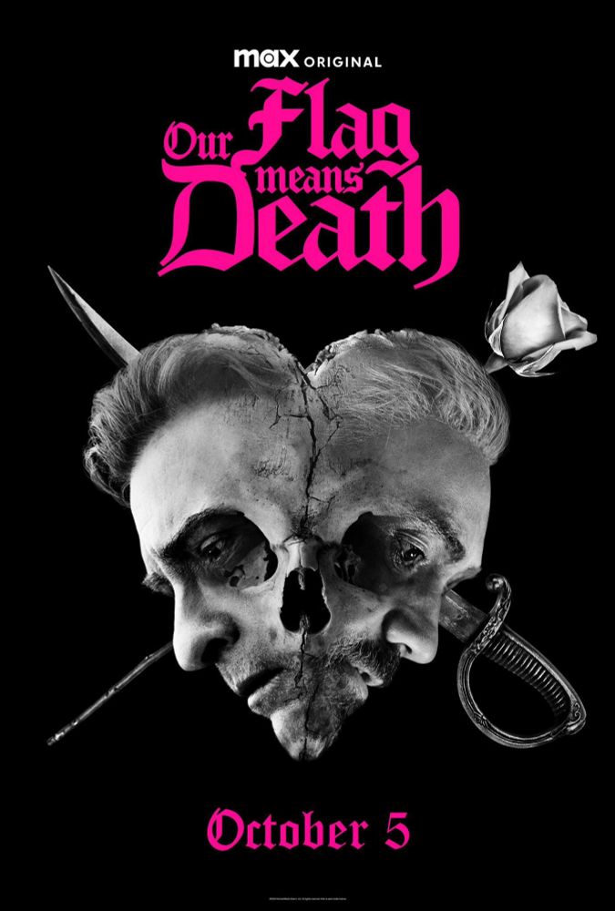 our flag means death season 2 poster that shows ed's and stede's faces turned away from each other, ofmd logo in on top of the picture in bright pink letters 