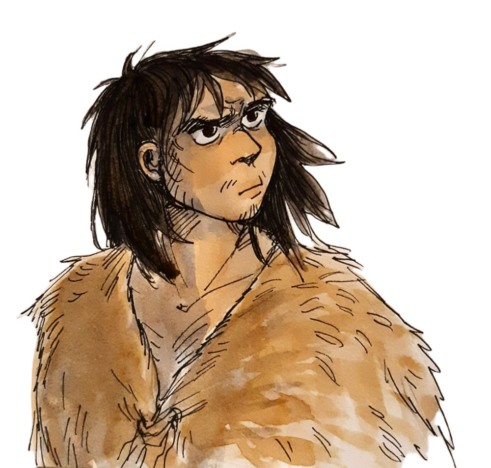 A drawing of a Neanderthal teenage boy in ink and watercolour. Black hair reaches just below his shoulders. He has large, deep-set eyes and sparse facial hair on his jaw, chin, and upper lip. He is wearing a light tan fur coat tied at the front.