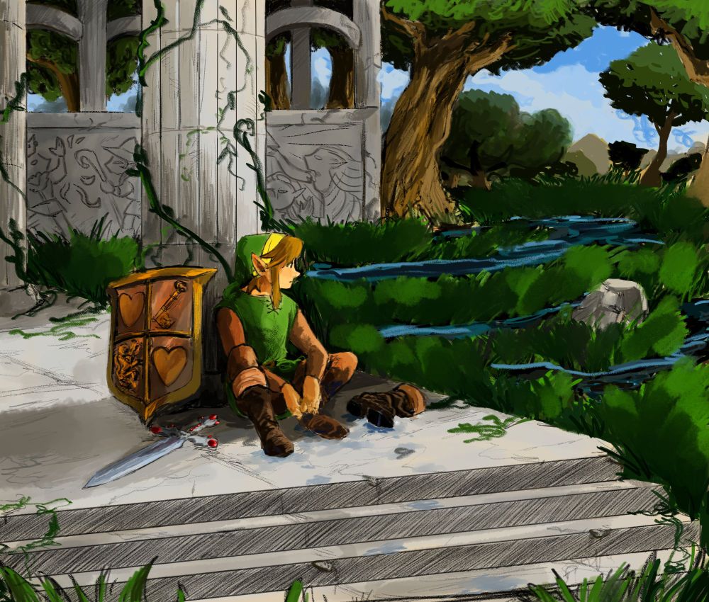 Digital painting of Zelda 2 swamp palace. Link rests by a pillar at the main entrance canopy of the temple. He takes off his wet boots to let his socks dry. There are vines growing on the pillars and stairs.