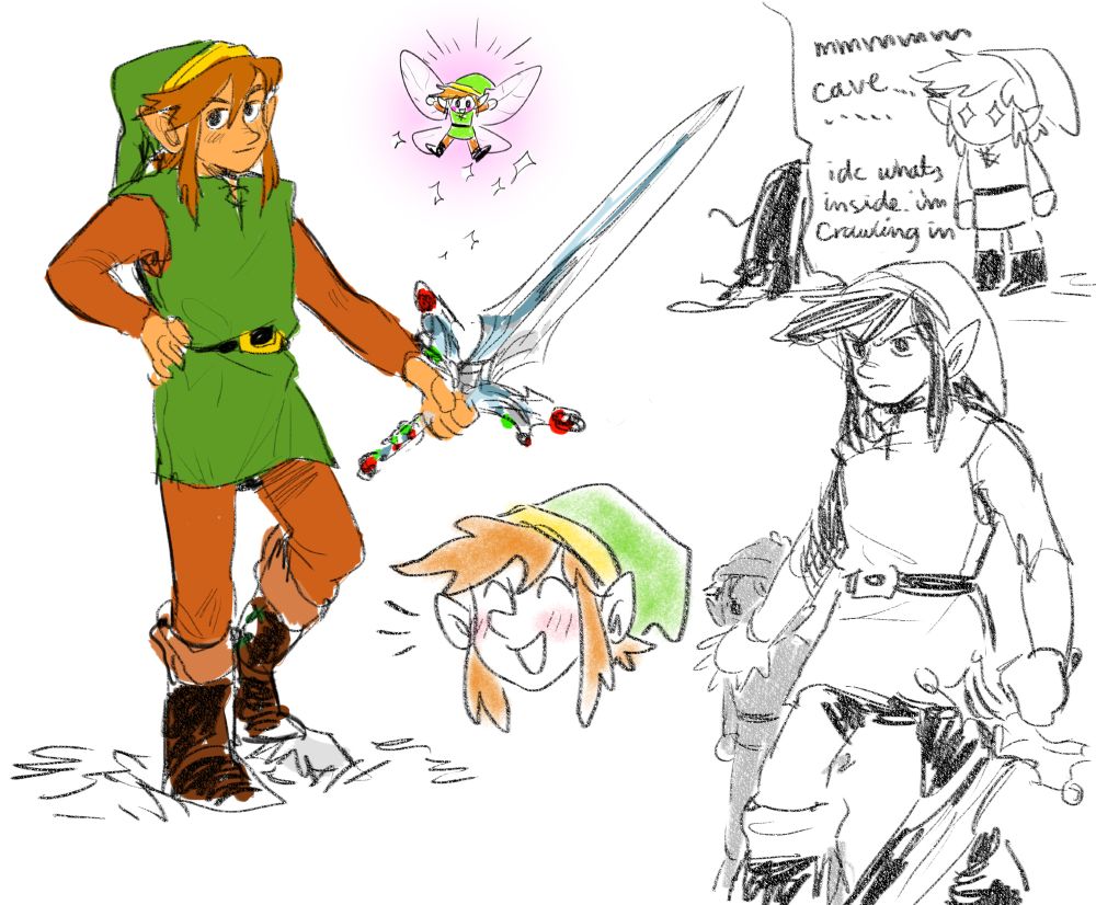 Various sketches of Link. Includes: Link posing with the magic sword. Link finds a cave. Smiley Link icon. Fairy Link. Link protecting the lost boy.