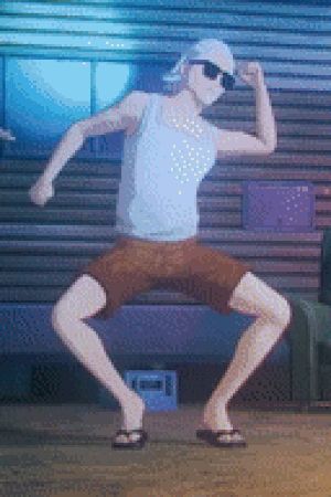 a man in a white tank top and brown shorts is dancing in front of a wall .