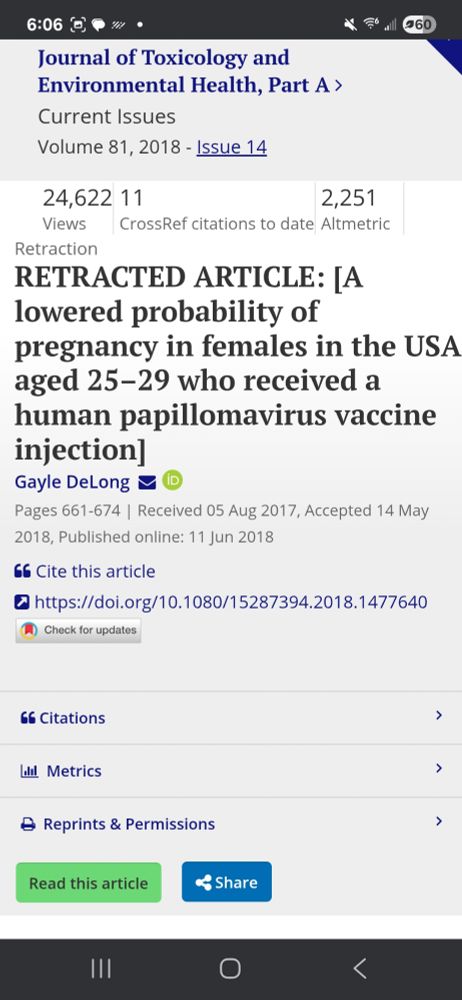 DeLong article, "RETRACTED ARTICLE: [A lowered probability of pregnancy in females in the USA aged 25–29 who received a human papillomavirus vaccine injection]" Journal of Toxicology and Environmental Health, Part A 