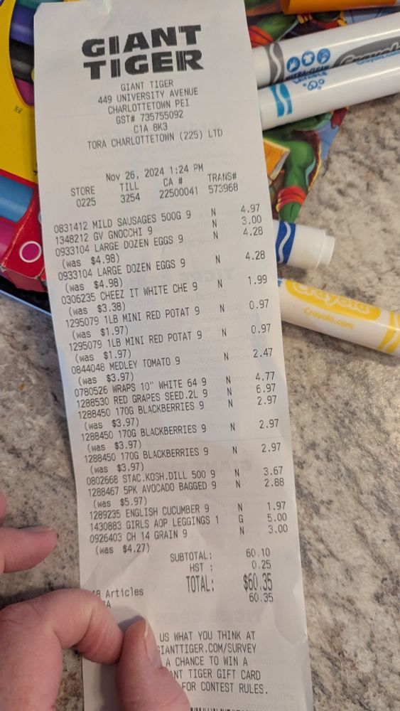 Giant tiger receipt of 18 items for $60