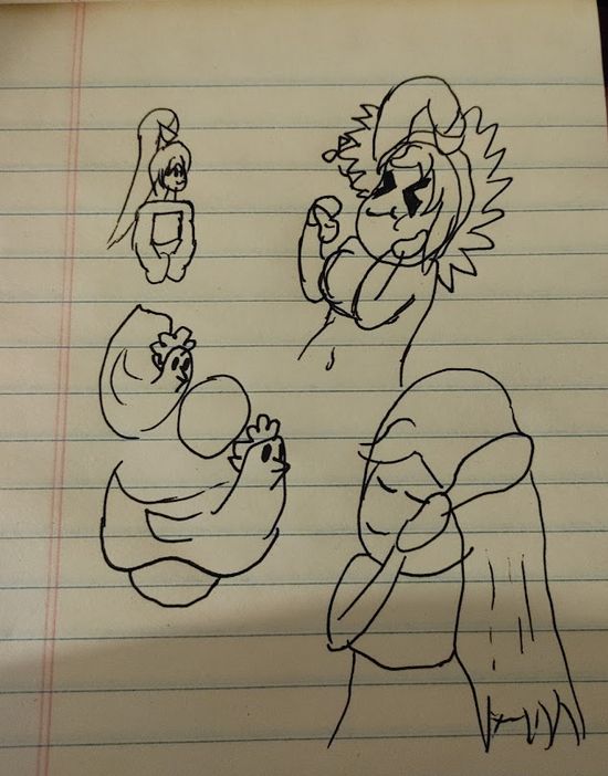 physical notepad of drawings of Lana and one of Cia on the page (details in image 2)