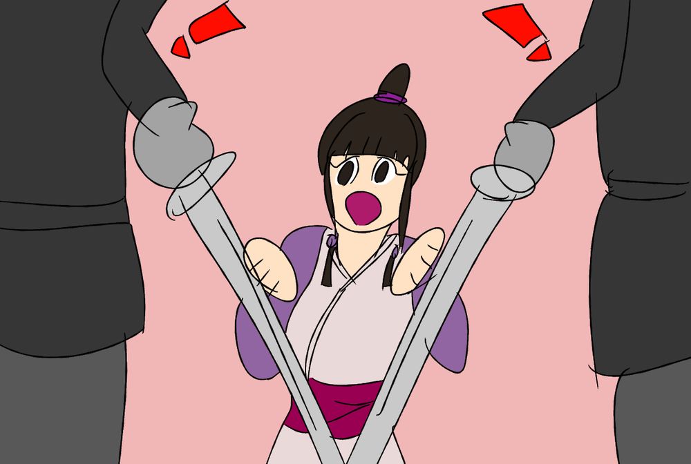 Maya in a plainer color style with a big smile pushing down the swords unbothered