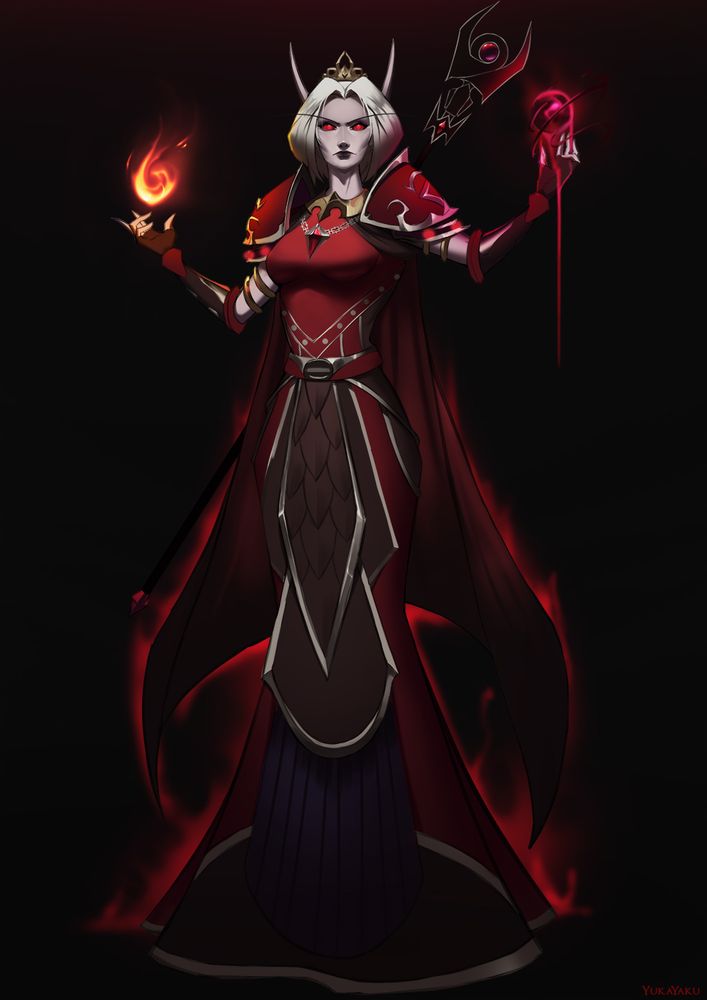 A rendered digital painting of an elven woman. She harnesses both fire and blood magic in her hands. She is draped in crimson robes detailed with silver trim and surrounded by a red aura.