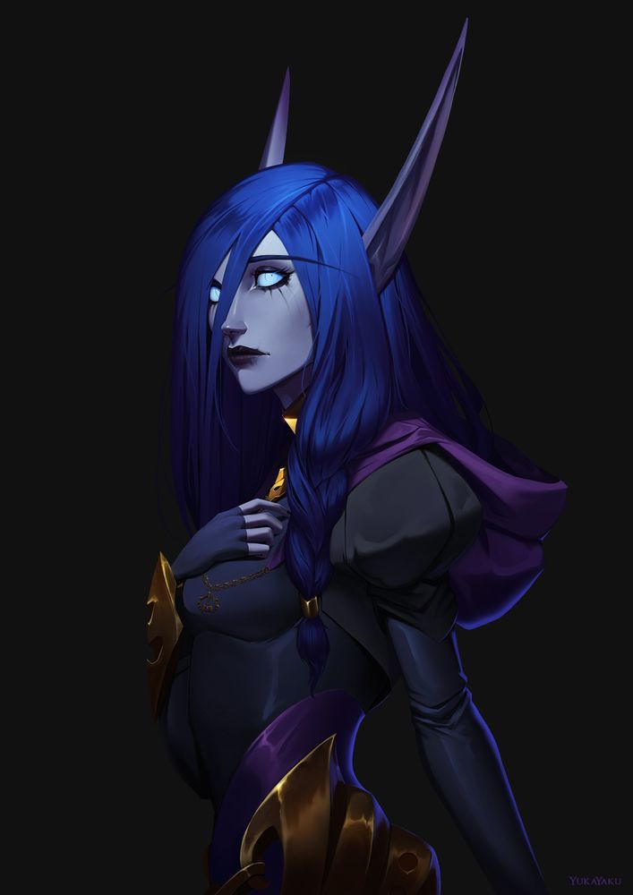 A rendered painting of a Void Elf woman. She has Wide, pale blue eyes staring off into the distance, her makeup running down her face. She has cascades of blue hair, which is braided on one side. Her clothing mainly consists of dark grey colours, paired with a purple hood and golden metal.