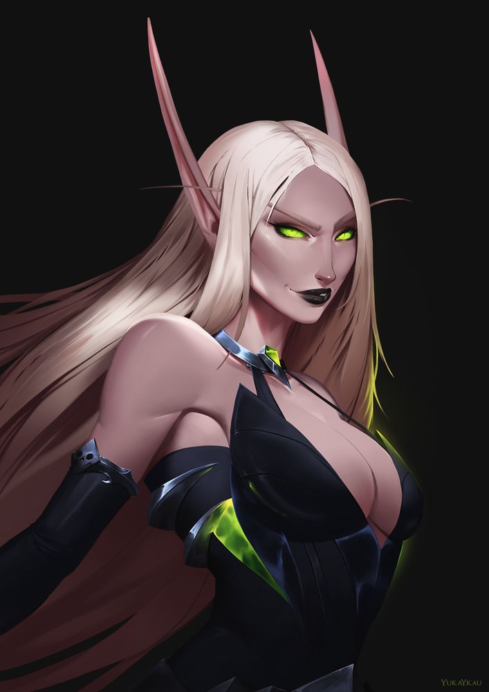 A rendered painting of a Blood Elf woman, her Fel green eyes stare at the viewer with a malicious intent, and her blonde hair flows past her back off the canvas. She is draped in a dark blue, black dress, adorned with cruel metal trimmings with a Fel green patch down its side.