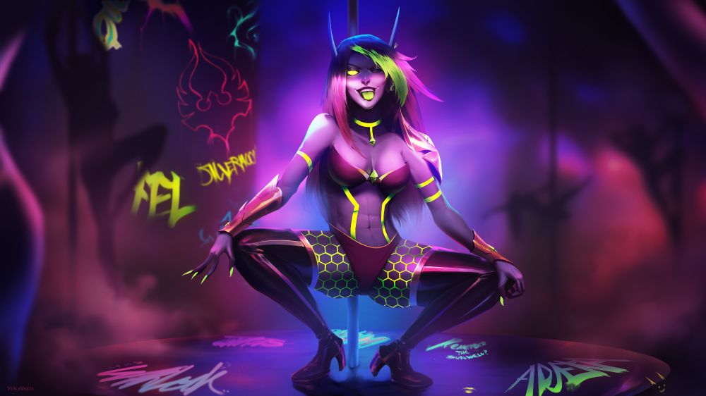 
A rendered digital art piece of an elven woman in a scene of neon lights, women dance on poles in the background while the woman is squatted on a podium decorated with graffiti in the foreground. Her hair is long and coloured magenta with a neon green streak in the front, while her expression is sly with her tongue out and one eye in a wink. She is dressed in a modern bikini outfit, finished with long latex boots and green net stockings.