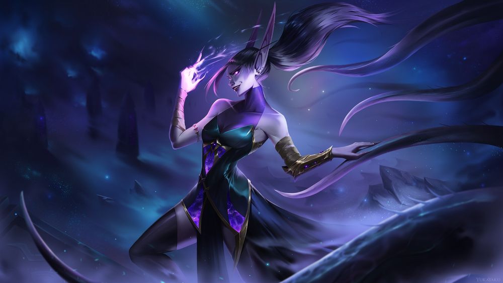 A rendered digital painting of a Void Elf woman in a dynamic pose. Her skin is a pale lilac and her hair is a purple-grey put up into a slick ponytail wafting behind her. Her dark purple eyes glow in a sinister, smiling expression. She's clothed in an elaborate dark teal dress detailed with gold gilding and violet panels that resemble the cosmos. Lavender coloured flame wraps itself around her right hand, trailing from her fingers. The background is a dreamlike wasteland of blues and purples, great tentacle-like tendrils follow her from the right side of the canvas.