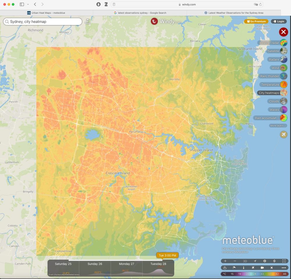 A hyperlocal temperature heatmap of Sydney showing a temperature difference of about 15 degrees C from West to East Sydney