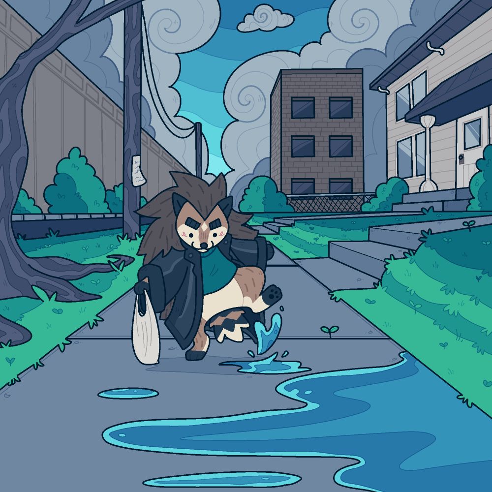 A small brown hedgehog wearing a cool green turtleneck and long  black leather coat is holding a plastic bag while splashing in a puddle on the sidewalk. Storm clouds swirl on the horizon, obscured by tall buildings and a bridge.