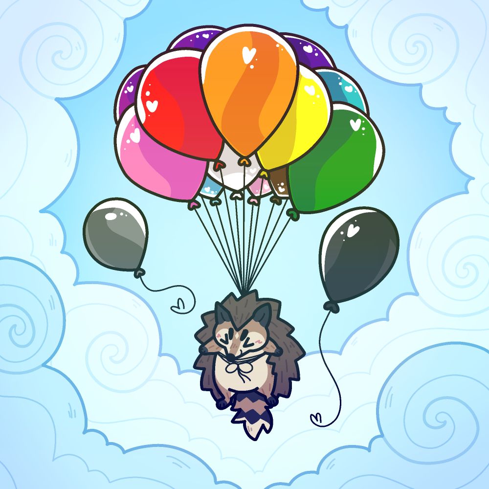 BB the hedgehog is floating through the soft clouds. She rises above them with the help of balloons in the colors of pride flags. Two balloons are separate from the bunch and fly on their own. One is black and represents those who were lost but still rise up with us. The other is grey and represents allies who support us.