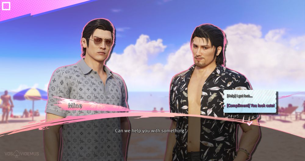 A render of Mine Yoshitaka and Daigo Dojima in the style of a dating sim visual novel set in Hawaii. Mine is dressed in a patterned light gray polo and aviators, Daigo is dressed in a black opened button up with a fishing lure pattern. 
Mine is saying "Can we help you with something?" The responses are "I got lost," or "you look cute!" 