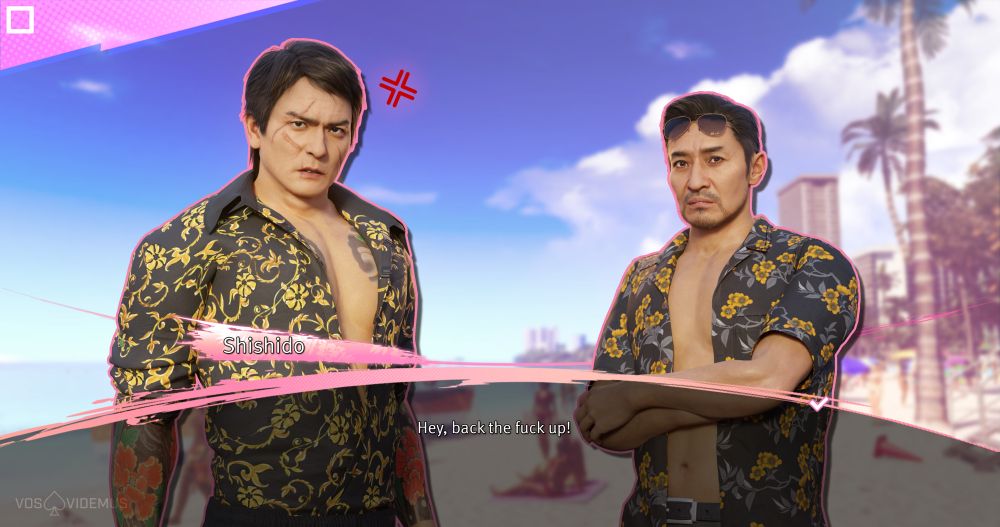 A render of Shishido Kosei and Tsuruno Yuki in the style of a dating sim visual novel set in Hawaii. They're dressed similarly, in black and yellow floral patterned shirts. Shishido's is unbuttoned to his stomach, whereas Tsuruno's is completely unbuttoned. Tsuruno's glasses are on his forehead. 
Shishido is angry, saying "Hey, back the fuck up!" Tsuruno has his arms crossed, looking concerned.