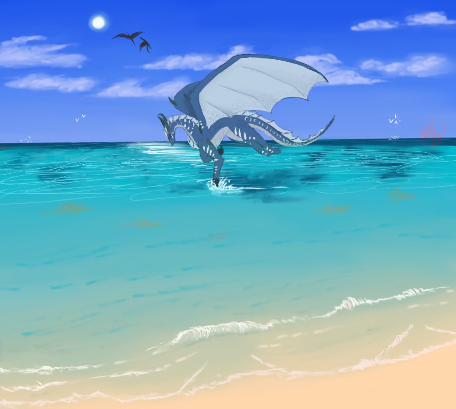 Dragon swooping over a sparkling blue beach with a paw in the water while other dragons fly overhead.