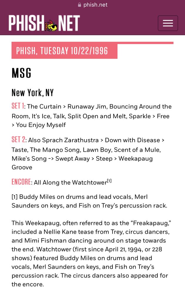 Set list from Phish show at MSG on 10/22/96