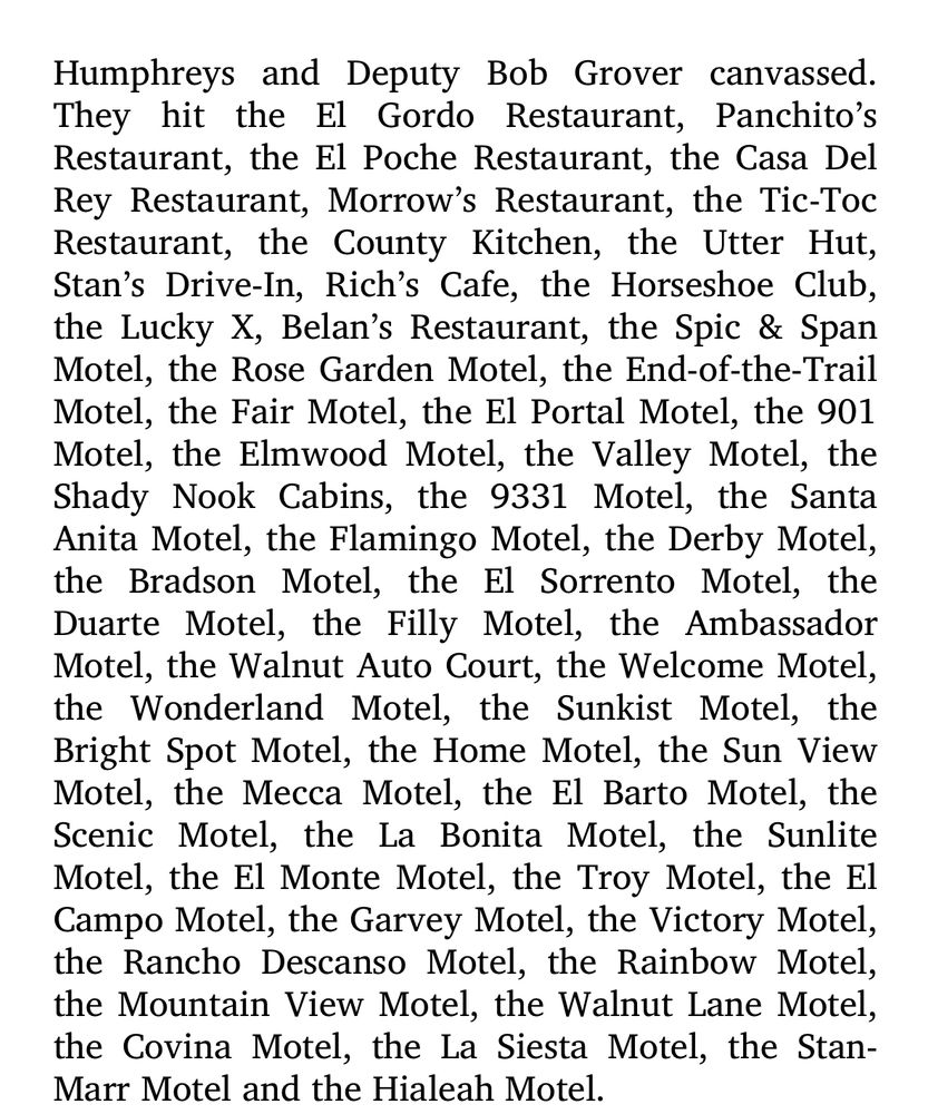 A long ass list of old timey hotel and restaurant names that I wish I could type out in its entirety. 