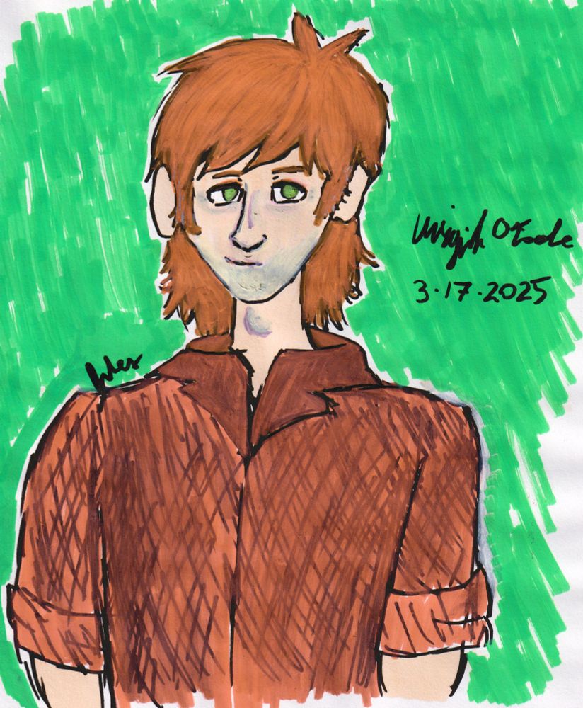 A bust drawing in paint markers of my oc Virgil. He is a man with fair skin, shaggy red hair and droopy green eyes. He looks off to the right of the viewer and gives a sleepy half-smile. He is wearing a red button up shirt.