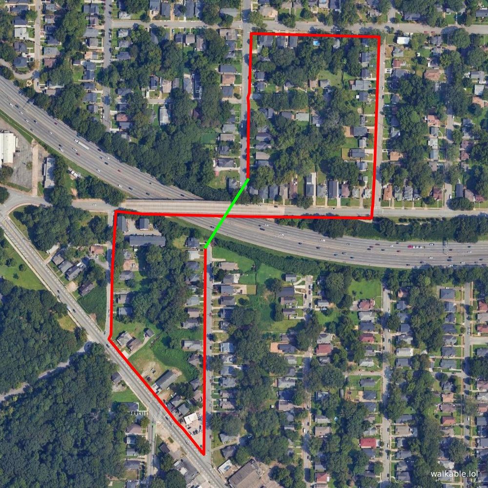 Atlanta, Georgia
It could be: 349 feet
But it's actually: 1.0 miles
Ratio: 15.83x
