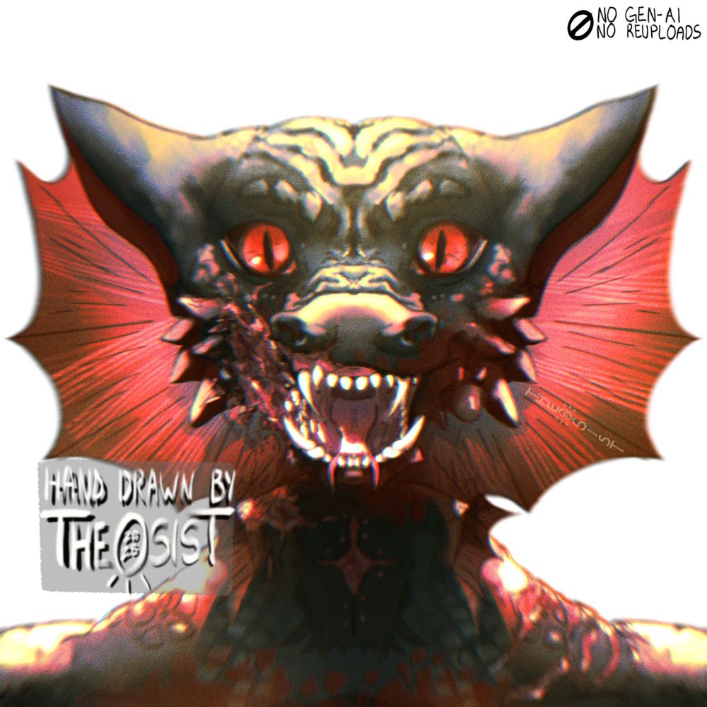 A digitally illustrated portrait of Bets-It-All, a black and crimson reptilian, snarling into the camera with his red, fish-like fins flared. He is covered in scars on his scales, especially a large burn scar that curves up his neck and through his left cheek. His jawline is spiked, and has large, kobold-like ears on his head. Watermarked in several places reads “NO GEN-Ai, NO REUPLOADS, HAND DRAWN BY THEOSIST 2025” and it is on a transparent background.