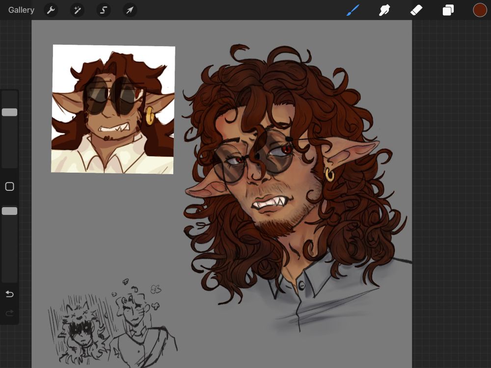 A screenshot of Procreate. A coloured portrait of my friend’s character Foxlore, with references of Armand from Interview With A Vampire and some of their own art (@quadrivium). The piece depicts a portrait of Foxlore imitating my friend’s original artwork, of him displeased and looking to the right, baring one side of his fangs in a sneer. He has tanned skin, long, messy and matted dark hair, oversized round sunglasses, long pointed ears with one gold hoop in his left ear. He’s sketched to be wearing a button up shirt, and in the bottom left corner, there’s a doodle of him very ominously standing next to Nicholas, who’s looking very polite. Nicholas has long hair in a ponytail, a scarred face, and is wearing a short, vest, and a sash. There’s flowers floating around Nicholas’ head.