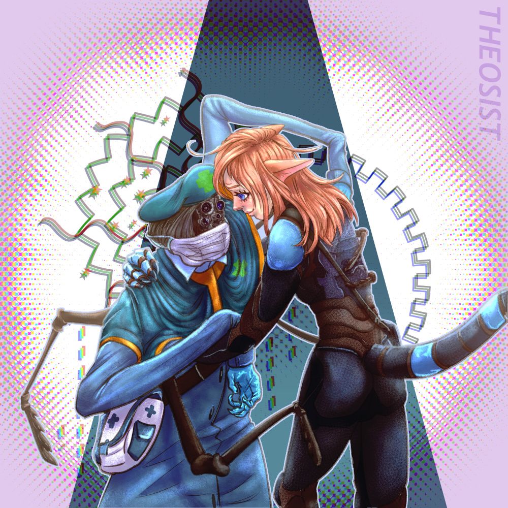A digital illustration of a Kali, a cat girl , wrapping her arms around the torso of an arachnid, Cteniza, who is grasping at her with their vestiges. There is a sparking wave pattern around Cteniza’a head to signify their positronics being affected by an ion storm, and the background is a light violet with a blue spotlight. Kali is wearing a navy blue, brown and teal plated paramedic voidsuit with the helmet off, revealing her pale skin, peach coloured hair and cat ears, and a relieved expression in her striking blue eyes. Cteniza wears their Chief Medical Officer beret and mantle, a matching teal with green cross emblems and gold accent, grey wrappings across half their face over their dark carapace, a light blue medical lab coat, cyan latex gloves on their hands and a white and blue medical satchel. THEOSIST is watermarked in the top right corner.