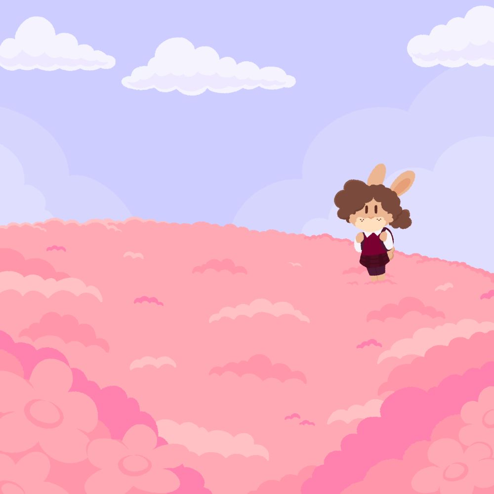 A digital illustration of a rabbit girl standing in a field of pink flowers with an open blue sky above her.