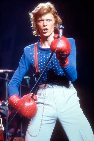 David Bowie wearing a blue sweater, gray slacks with red suspenders while holding a mic stand with red boxing gloves on.

Looks maybe late 70s era