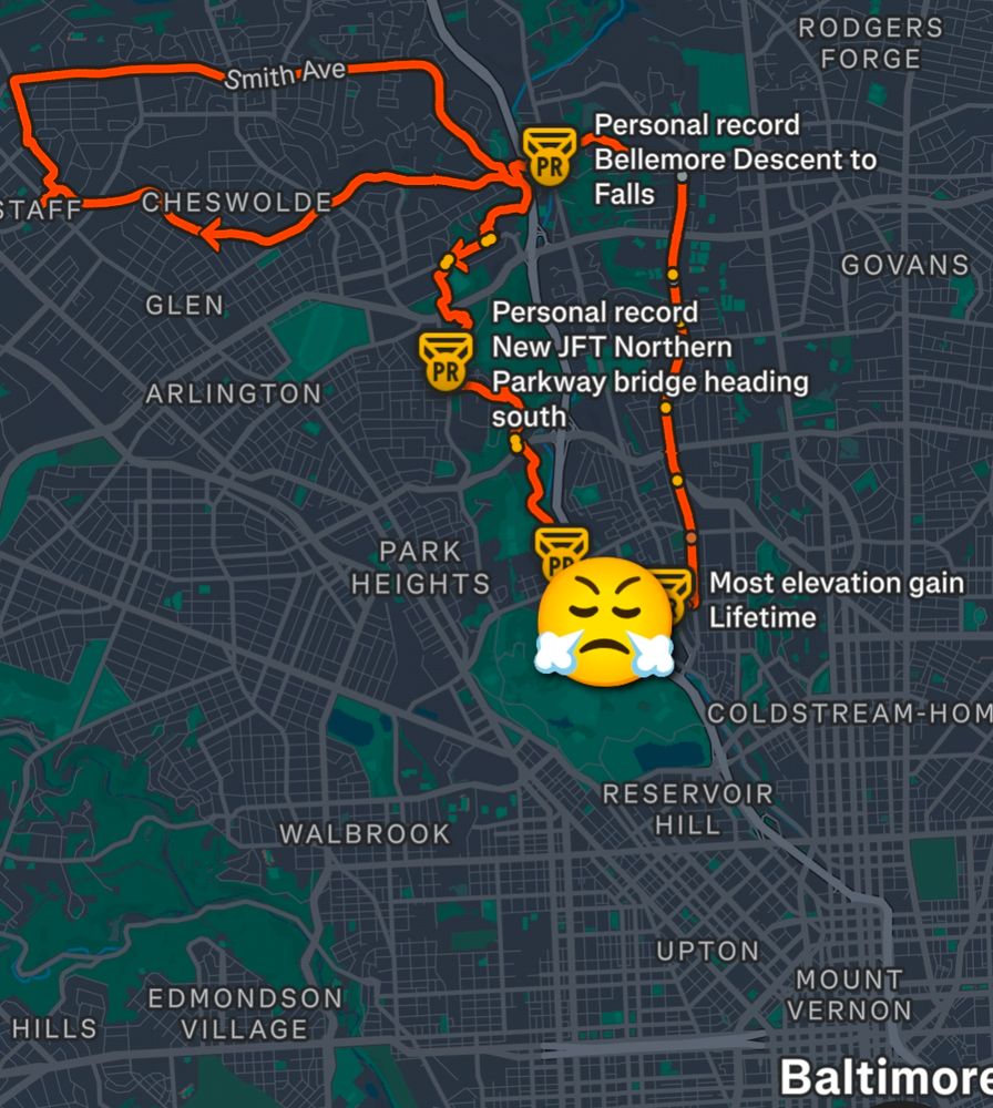 A Strava map showing a loop route through northwest Baltimore