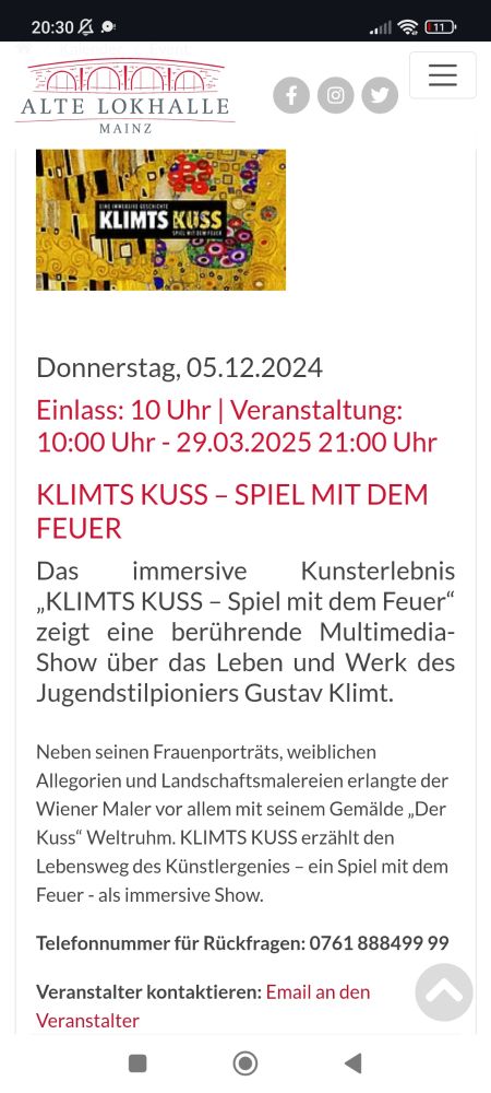 Screenshot einer Internetseite der Alte Lok Halle in Mainz, die für "Klimts Kuss - Spiel mit dem Feuer" wirbt.