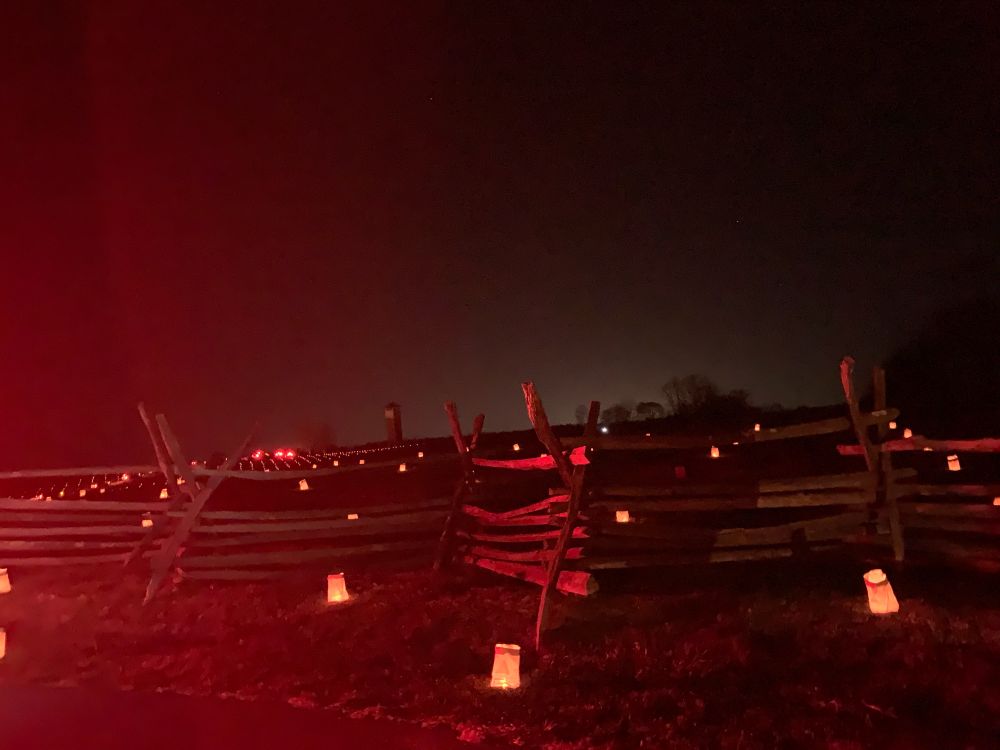 Picture of luminaries at the Antietam National Battlefield Annual Memorial Illumination which honors the 23,000 casualties from the Battle of Antietam on September 17, 1862. The event is a driving tour open to the public.