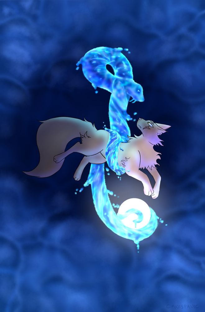 A cat is floating surrounded by a background of abyss-like water. A shining snake made of water is coiled around the cat, they are staring at each other. A glowing moon is held by the snake's tail.