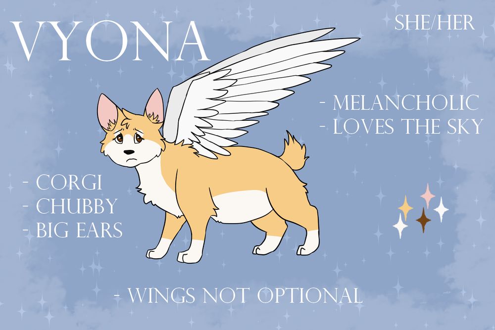 A reference sheet for a winged corgi