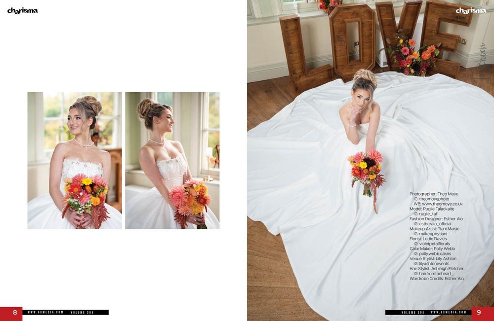 A magazine spread featuring three photos of a woman in a long, white wedding dress holding a colourful bouquet
