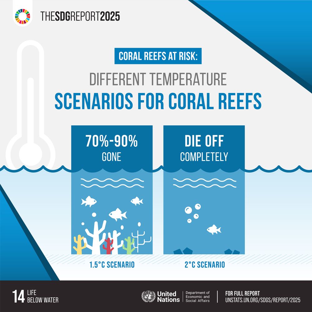 A graphic comparing two warming scenarios:
– At 1.5°C, 70–90% of coral reefs are lost.
– At 2°C, coral reefs die off completely.
It’s part of The SDG Report 2025 by the UN, under SDG 14: Life Below Water.