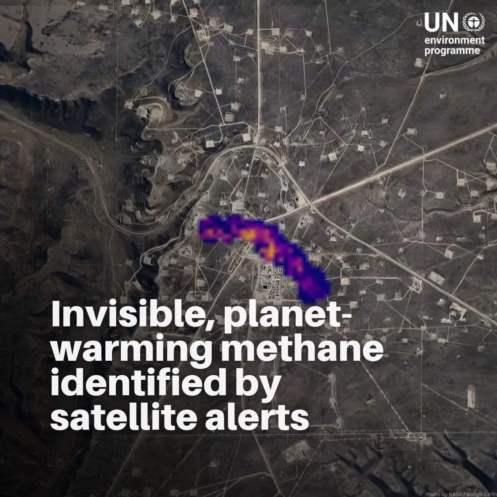 Satellite image of an industrial landscape with a purple heatmap plume showing methane emissions. The text says ‘Invisible, planet-warming methane identified by satellite alerts,’ and the UNEP logo appears in the top right corner.