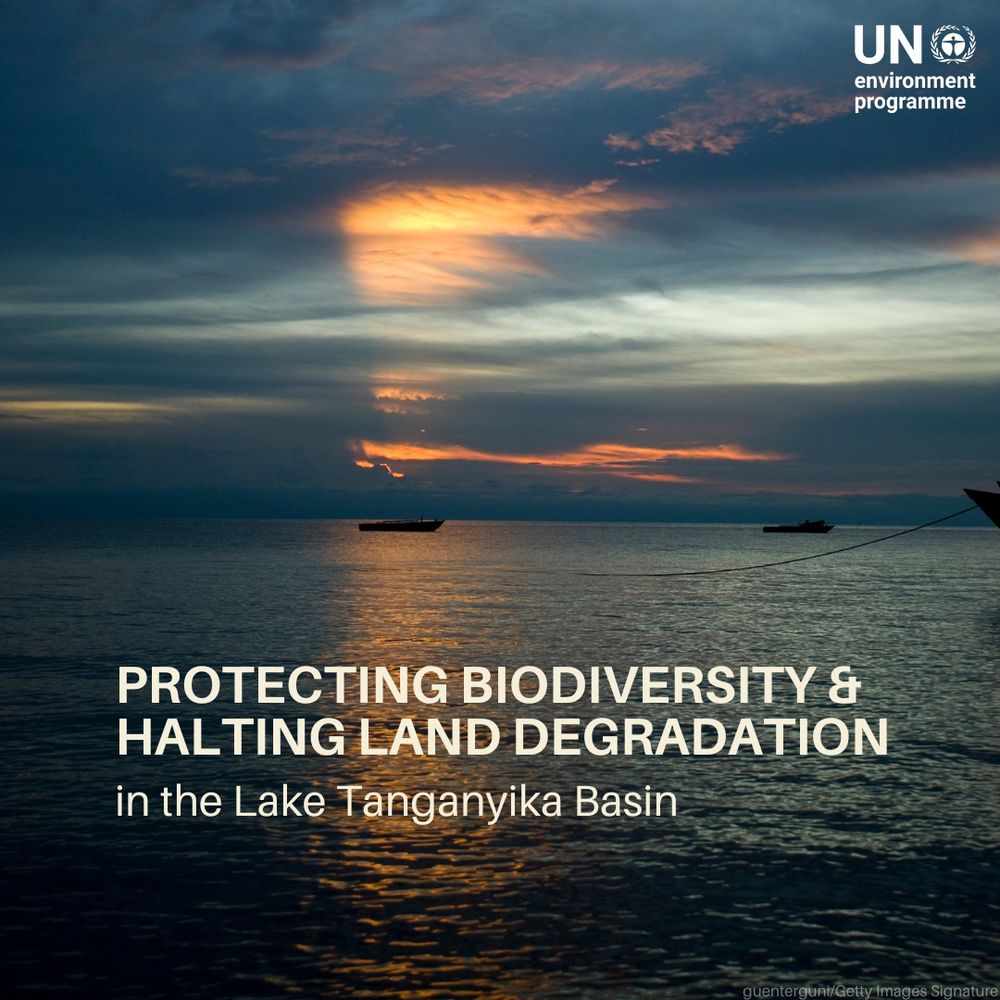 The image shows a sunset over Lake Tanganyika, with golden light reflecting on the calm water. Dark clouds fill the sky, and several boats float in the distance. White text overlays the image, reading: “PROTECTING BIODIVERSITY & HALTING LAND DEGRADATION in the Lake Tanganyika Basin.” The UN Environment Programme logo is positioned in the top right corner.
